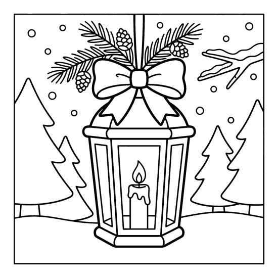 A lantern shaped ornament with panels and a candle inside hanging from a bow by a pine sprig, bold and easy