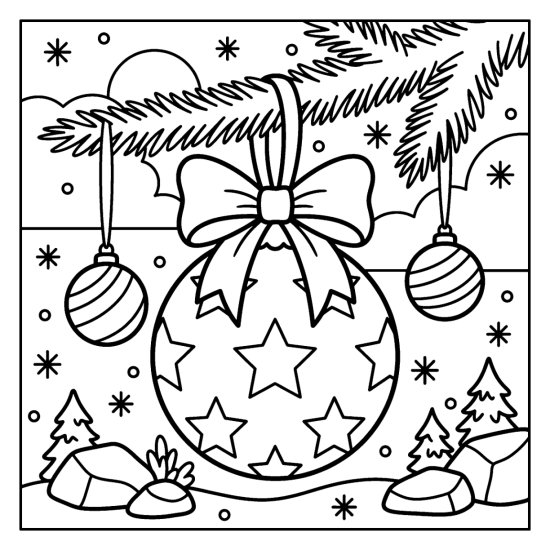 A large round ornament with a star pattern and a huge bow flanked by two small baubles, bold and easy