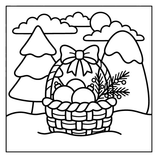 A small basket filled with round ornaments and a pine sprig in the snow with a bow, coloring sheet