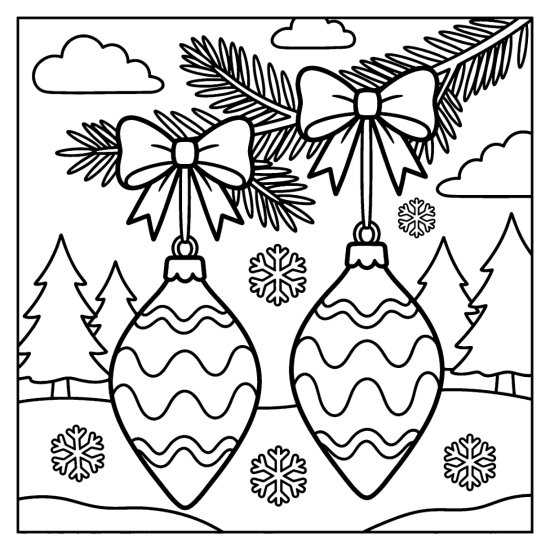 A pair of teardrop ornaments with wavy patterns hanging side by side from a pine branch with bows, bold and easy