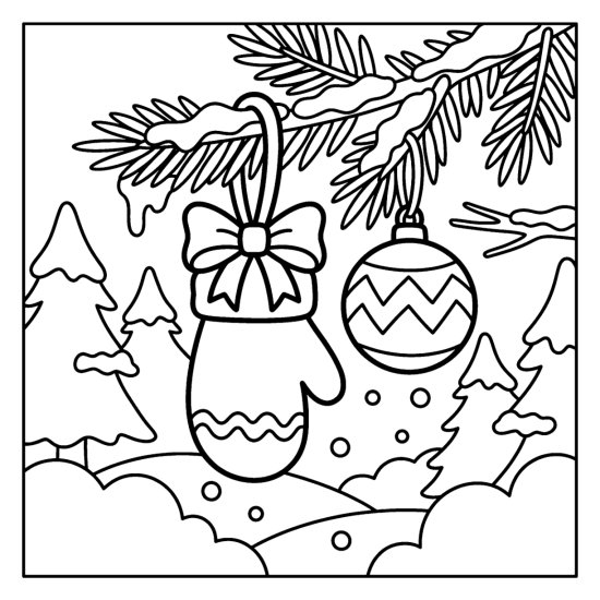A mitten shaped ornament with a cuff pattern and a bow on a snowy branch with a bauble, bold and easy