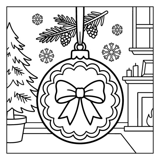 A round ornament with a scalloped border and a bow hanging by a tree and fireplace, coloring page