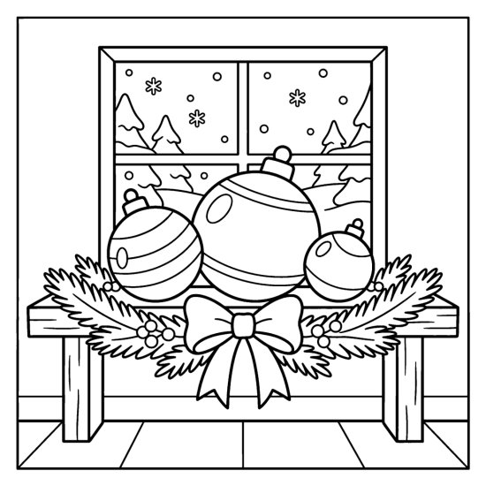 Three round ornaments resting on a wooden shelf with a pine garland and a bow by a window, bold and easy