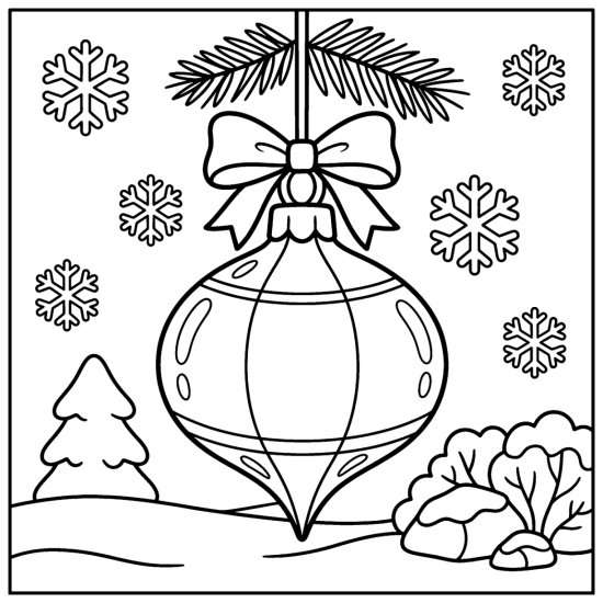 An onion shaped ornament with a pointed tip and simple panels hanging from a bow by a pine sprig, bold and easy