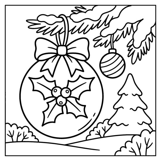 A round ornament with a holly and berry design and a bow on a snowy branch with a bauble, coloring sheet