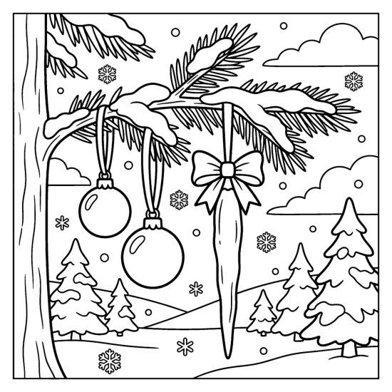 A long icicle shaped ornament with a bow on a snowy pine branch with two round baubles, bold and easy