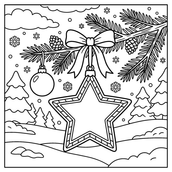 A star shaped ornament with a bordered pattern hanging from a bow on a pine branch, bold and easy