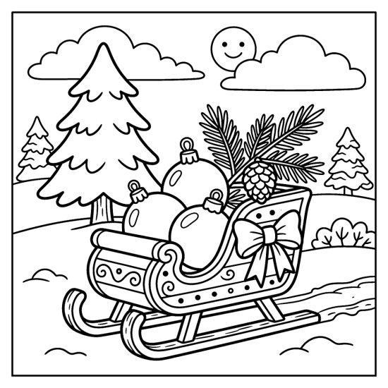 A small sleigh holding round ornaments and a pine sprig in the snow by a tree, bold and easy
