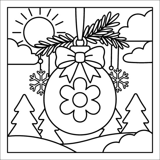 A round ornament with a large flower design and a bow hanging from a ribbon by a pine sprig, coloring page