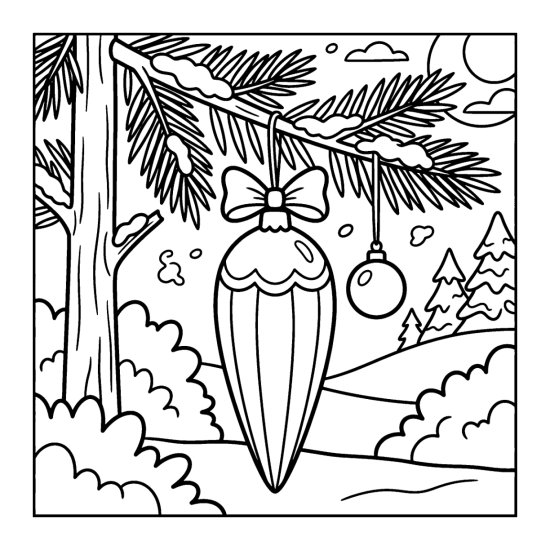 A tall drop ornament with long panels and a bow on a pine branch with a small bauble, bold and easy