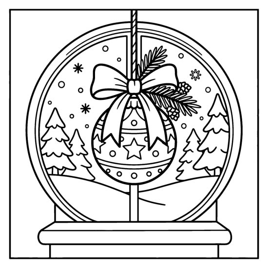 A large patterned ornament with a bow hanging in a round window over a snowy pine landscape, bold and easy