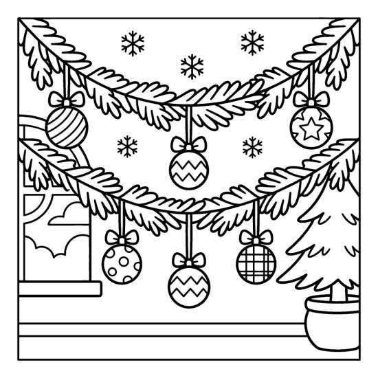 A pine garland strung with five round patterned ornaments and small bows along a wall, coloring sheet
