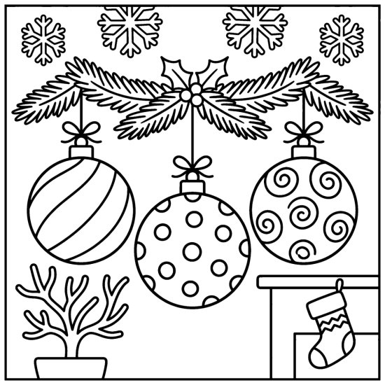 Three round ornaments with stripes, dots and swirls hanging in a row from a pine garland, coloring sheet