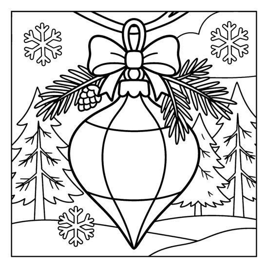 bold and easy ornament coloring pages with a finial drop ornament and a bow hanging from a pine branch, coloring page