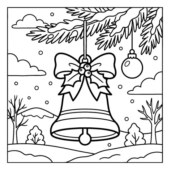 A bell shaped ornament with a bow and holly hanging from a snowy branch with a small bauble, bold and easy