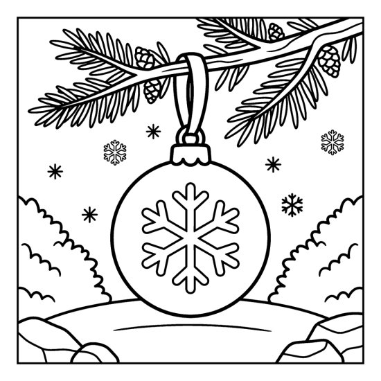 A round ornament decorated with one large snowflake hanging from a ribbon and pine branch, bold and easy