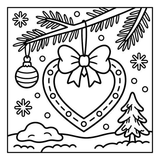 A heart shaped ornament with a bordered pattern and a bow on a pine branch with a bauble, coloring page