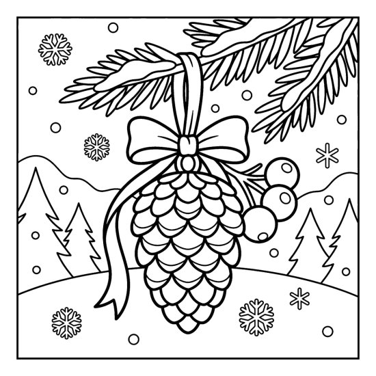 A simple pinecone ornament with a bow and ribbon hanging from a snowy pine branch with berries, bold and easy