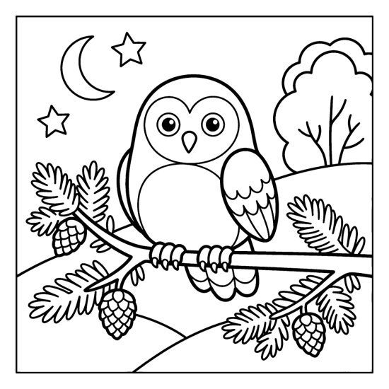 Round owl roosting on a thick evergreen bough with pine cones and a crescent moon coloring page