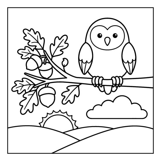 Owl beside a cluster of acorns and oak leaves with rolling hills and a low sun coloring sheet