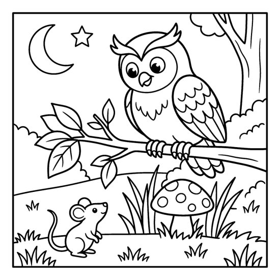 Owl on a low limb looking down at a tiny mouse near a toadstool in bold and easy