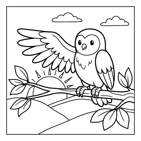Owl on a limb stretching one wing wide at dawn above hills and a rising sun coloring page