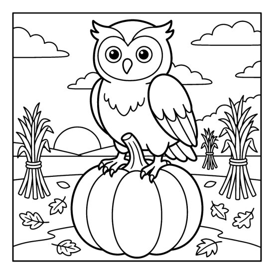 Owl standing on a big pumpkin among cornstalk bundles with scattered leaves in bold and easy