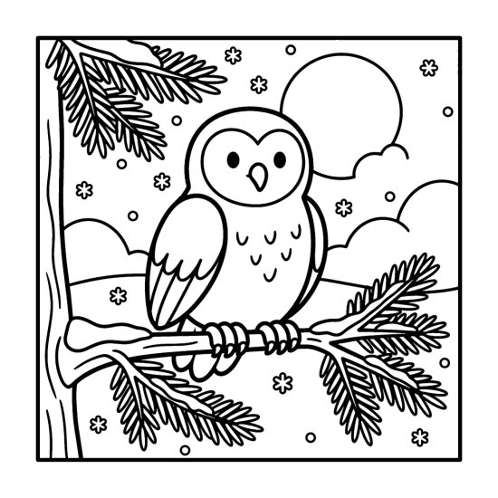 Owl on a snow dusted evergreen bough with falling flakes and a round moon coloring sheet