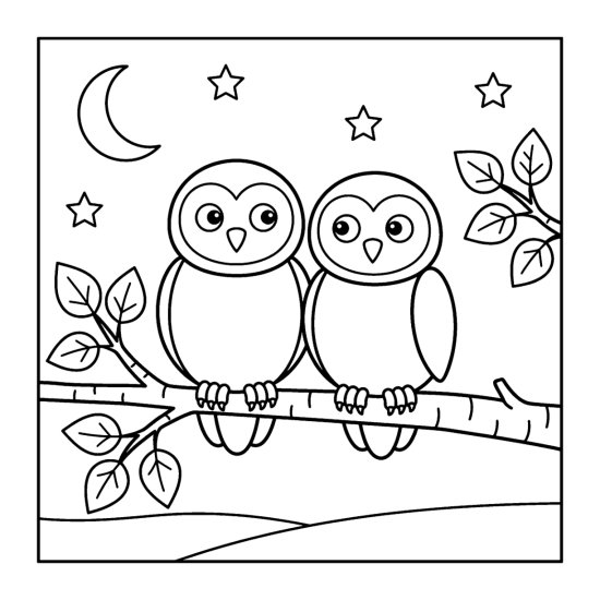 Two owls sitting together on a slender birch limb under stars and a moon coloring page