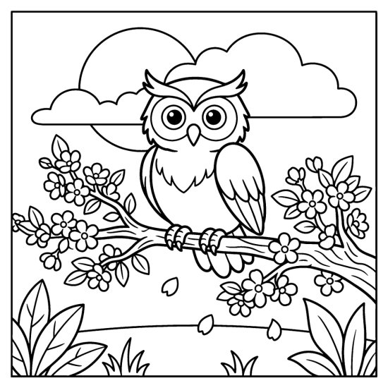 Owl on a blooming cherry blossom bough with round blossoms and a soft sun in bold and easy
