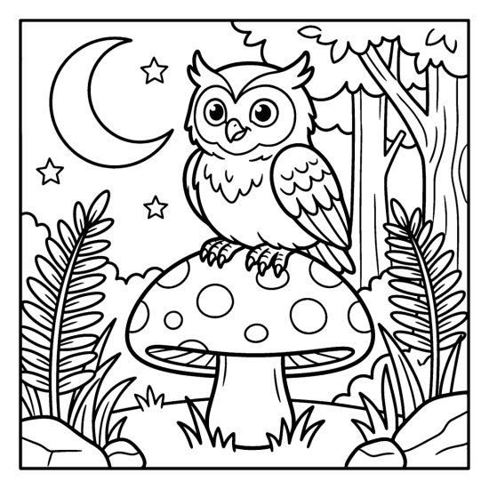 Small owl sitting on a large toadstool in a forest clearing with ferns and a moon coloring page