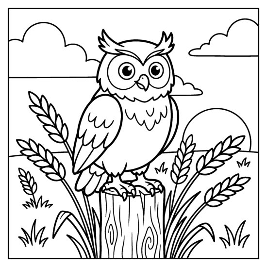 Owl on a wooden post in a wheat field at dusk with bending stalks and a low sun in bold and easy