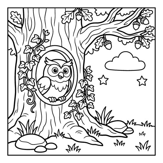 Owl peeking from a round hollow in an oak trunk framed by curling ivy coloring sheet