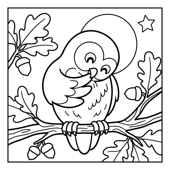 Owl tidying its chest feathers on a twig with oak leaves and a round moon coloring sheet