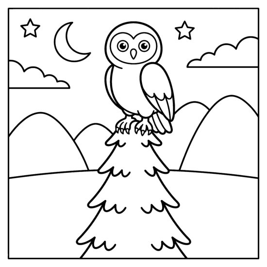 Owl standing at the top of a tall fir tree with distant hills and a moon coloring page