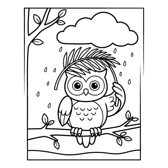 Owl on a limb holding a broad frond overhead as light drizzle falls from a cloud in bold and easy