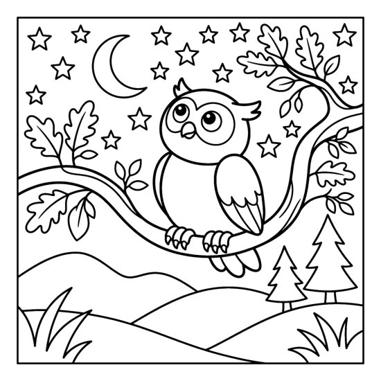 Owl on a curved limb gazing up at a sky full of stars and a crescent moon coloring page