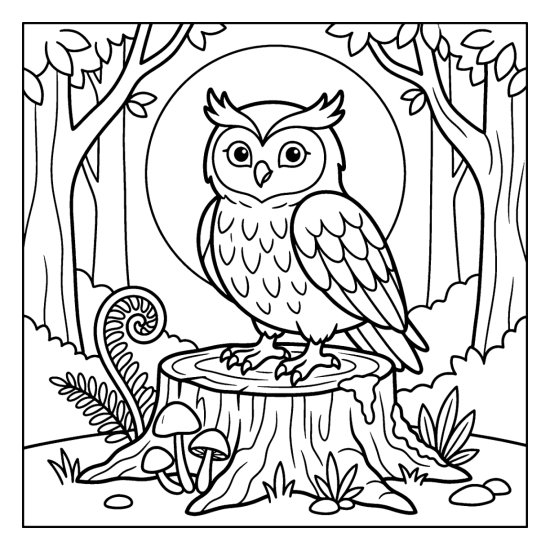 Owl standing on a mossy tree stump with small mushrooms and a curling fern in bold and easy