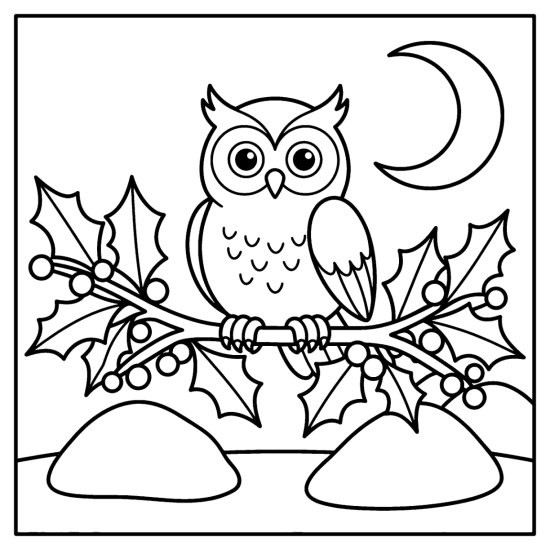 Owl on a holly sprig with round berries and pointed leaves above snow mounds coloring sheet