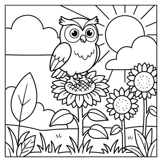 Owl standing on a tall sunflower head among more sunflowers and a bright sun coloring page