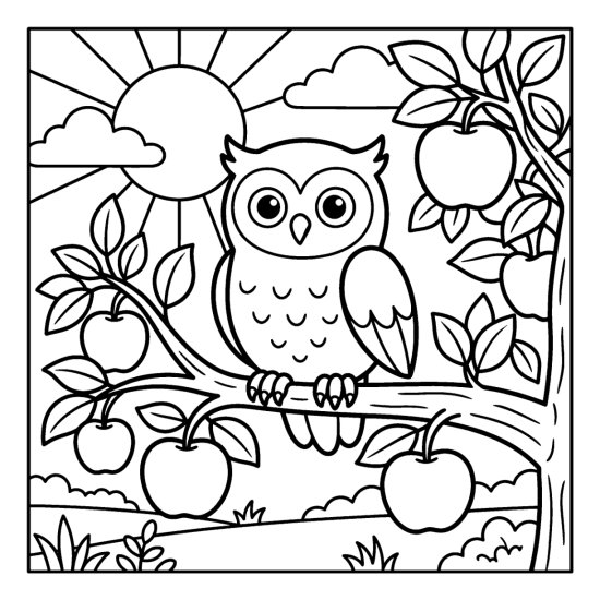Owl on an apple tree limb surrounded by round apples and leaves under the sun in bold and easy