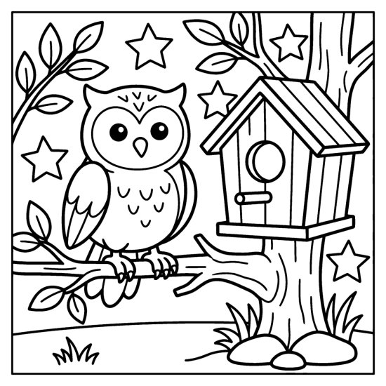Owl on a bough beside a small wooden birdhouse with leafy twigs and stars coloring page