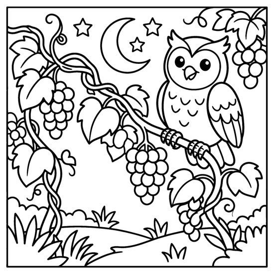 Owl clinging to a curling grapevine with round grape bunches and broad leaves in bold and easy