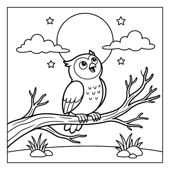 Owl on a bare limb hooting up toward a full moon with clouds and stars in bold and easy