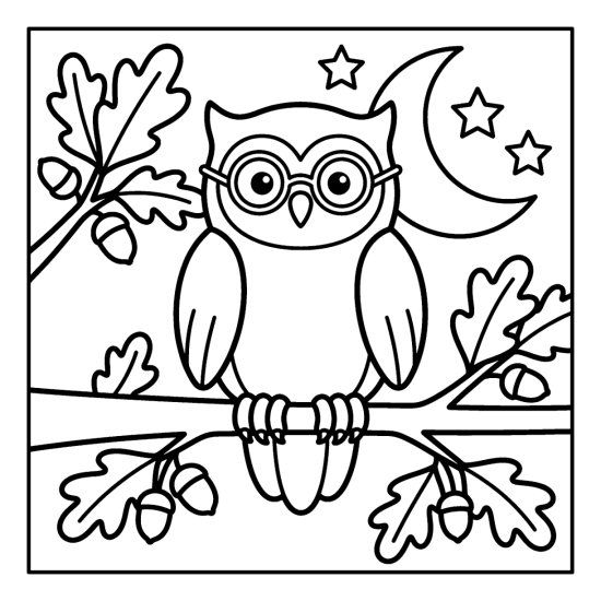 Owl wearing round spectacles on an oak limb with leaves and a moon coloring sheet