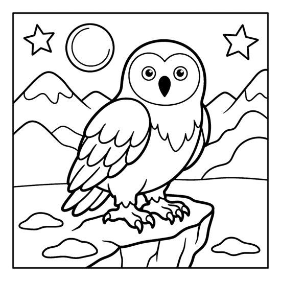 Snowy owl standing on a frosty rock ledge with layered mountains and a moon coloring page