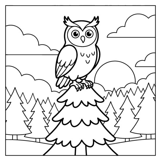 Owl on a fir treetop in soft morning mist with layered firs and a low sun in bold and easy