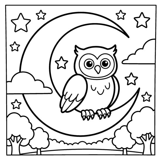 Owl resting on a big crescent moon among stars and small clouds in the night sky coloring page