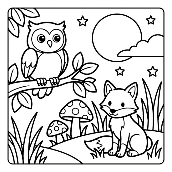 Owl on a low limb beside a little fox on the grass with toadstools and a moon in bold and easy