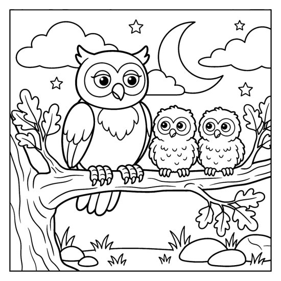 Mother owl with two small owlets sitting in a row on an oak limb under the moon coloring page